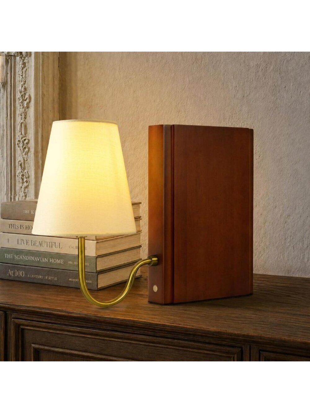 Modern Rechargeable Touch Dimmable Bookshelf Lamp with Linen Shade - Dark Brown